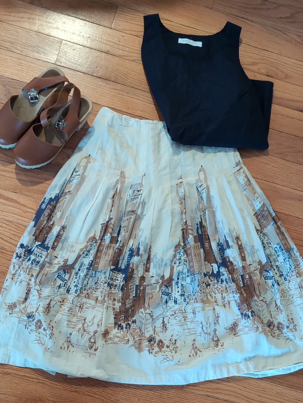 Vintage TALBOT'S Pleated Cityscape Midi Skirt in Cream, Navy and Brown